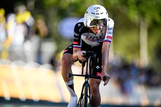 Slovenian Tadej Pogacar of UAE Team Emirates XRG crosses the finish line of the first stage of the 2026 Tour de France cycling race, a team time trial of 19km with start and finish in Barcelona, Spain, Saturday 04 July 2026. The 113th edition of the Tour de France starts on Saturday 4 July in Barcelona, Spain, and will finish in Paris, France on the 26th of July. JASPERxJACOBS  x180371305x