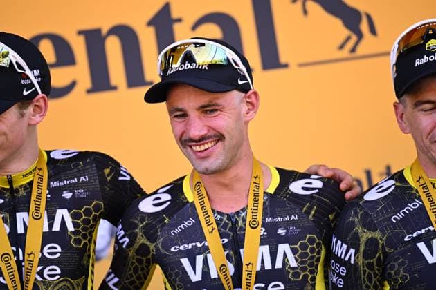 Tour de France 2026 Stage 1 BARCELONA, SPAIN - JULY 04 : Campenaerts Victor (BEL) of Team Visma Lease a Bike on the podium during stage 1 of the 113rd edition of Tour de France an UCI World Tour 2.UWT Team Time Trial stage for Men Elite of 19 km with start in Barcelona and finish in Barcelona on July 4, 2026 in Barcelona, Spain, 04 07 2026 Barcelona Spain  Copyright: xTomasxSiskx