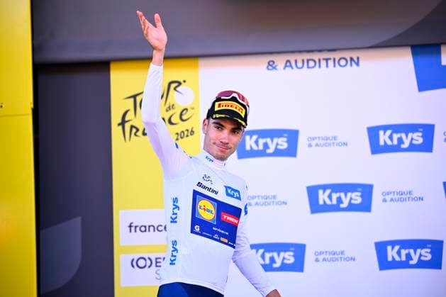 Tour de France 2026 Stage 1 BARCELONA, SPAIN - JULY 04 : Ayuso Juan (ESP) of Lidl Trek on the podium during stage 1 of the 113rd edition of Tour de France an UCI World Tour 2.UWT Team Time Trial stage for Men Elite of 19 km with start in Barcelona and finish in Barcelona on July 4, 2026 in Barcelona, Spain, 04 07 2026 Barcelona Spain  Copyright: xTomasxSiskx