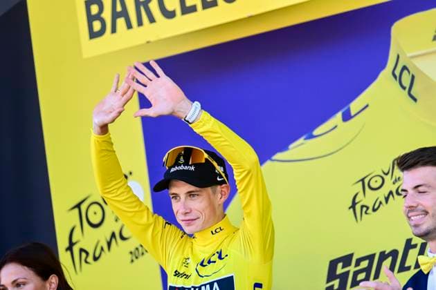 Tour de France 2026 Stage 1 BARCELONA, SPAIN - JULY 04 : Vingegaard Jonas (DEN) of Team Visma Lease a Bike on the podium during stage 1 of the 113rd edition of Tour de France an UCI World Tour 2.UWT Team Time Trial stage for Men Elite of 19 km with start in Barcelona and finish in Barcelona on July 4, 2026 in Barcelona, Spain, 04 07 2026 Barcelona Spain  Copyright: xPeterxDexVoechtx