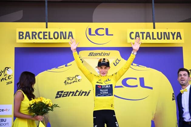 Tour de France 2026 Stage 1 BARCELONA, SPAIN - JULY 04 : Vingegaard Jonas (DEN) of Team Visma Lease a Bike on the podium during stage 1 of the 113rd edition of Tour de France an UCI World Tour 2.UWT Team Time Trial stage for Men Elite of 19 km with start in Barcelona and finish in Barcelona on July 4, 2026 in Barcelona, Spain, 04 07 2026 Barcelona Spain  Copyright: xTomasxSiskx