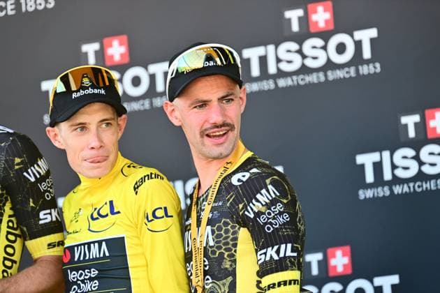 Tour de France 2026 Stage 1 BARCELONA, SPAIN - JULY 04 : Campenaerts Victor (BEL) of Team Visma Lease a Bike on the podium during stage 1 of the 113rd edition of Tour de France an UCI World Tour 2.UWT Team Time Trial stage for Men Elite of 19 km with start in Barcelona and finish in Barcelona on July 4, 2026 in Barcelona, Spain, 04 07 2026 Barcelona Spain  Copyright: xPeterxDexVoechtx