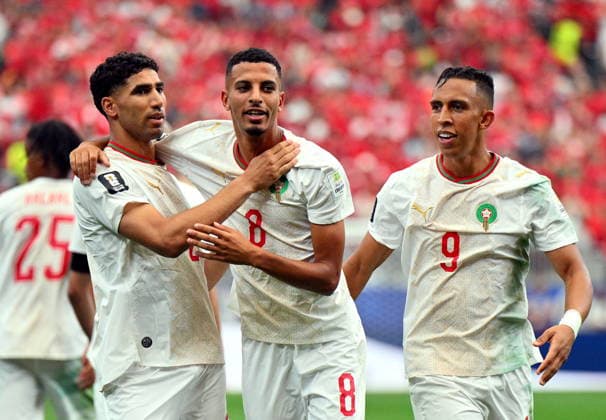 FIFA World Cup, WM, Weltmeisterschaft, Fussball 2026 - Round of 16 - Canada vs Morocco Azzedine Ounahi of Morocco (C) celebrates with teammates scoring the 1-0 during the FIFA World Cup 2026 Round of 16 match Canada against Morocco, in Houston, USA, 04 July 2026. HOUSTON United States  Copyright: xSAMxWASSONx