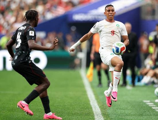 (260705) -- HOUSTON, July 5, 2026 -- Soufiane Rahimi (R) of Morocco competes during the round of 16 match between Canada and Morocco at the 2026 FIFA World Cup, WM, Weltmeisterschaft, Fussball at Houston Stadium in Houston, the United States, July 4, 2026. ) (SP)U.S.-HOUSTON-FOOTBALL-FIFA WORLD CUP-ROUND OF 16-CAN VS MAR LixMing 