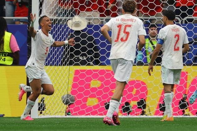 FIFA World Cup, WM, Weltmeisterschaft, Fussball 2026 - Round of 16 - Canada vs Morocco Soufiane Rahimi (L) of Morocco celebrates after scoring the 0-3 goal during the FIFA World Cup 2026 Round of 16 match Canada against Morocco, in Houston, USA, 04 July 2026. HOUSTON United States  Copyright: xCHRISTOPHERxNEUNDORFx