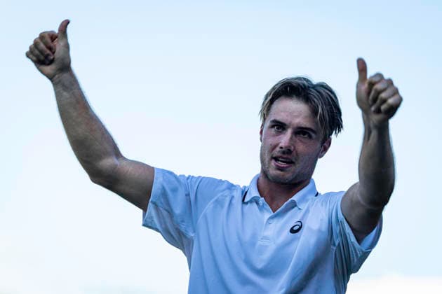 RECORD DATE NOT STATED 4th July 2026; All England Lawn Tennis and Croquet Club, London, England; Wimbledon Tennis Tournament, Day Six; Arthur Fery (GBR) celebrates winning his third round match against Zizou Bergs (BEL) GodfreyxPitt