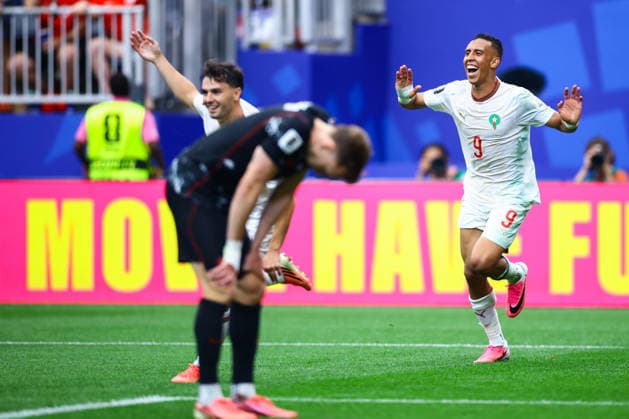 Morocco s Soufiane Rahimi celebrates after scoring 0-3 against Canada during the FIFA World Cup, WM, Weltmeisterschaft, Fussball 2026 Round of 16 soccer match between Morocco and Canada at Houston Stadium, in United States, 4 July 2026. Canada - Morocco !ACHTUNG: NUR REDAKTIONELLE NUTZUNG!  Copyright: xCarlosxRamírezx GRAF1272 20260704-55020801984_1