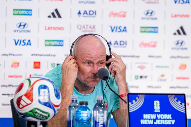 World Cup 2026 East Rutherford, USA 20260704. Norway national team, Nationalteam manager Stale Solbakken at a press conference, PK, Pressekonferenz before the World Cup round of 16 match against Brazil. Photo: Terje Pedersen NTB East Rutherford United States EDITORIAL USE ONLY. RESTRICTED USE FOR BETTING COMPANIES Ref:_SPORbMO2xwKiqw.jpg *** 2026 World Cup, East Rutherford, USA, July 4, 2026: Norway national team manager Stale Solbakken at a press conference before the World Cup Round of 16 match against Brazil. Photo by Terje Pedersen, NTB, East Rutherford, United States. EDITORIAL USE ONLY. RESTRICTED USE FOR BETTING COMPANIES.  Copyright: xTerjexPedersenx xNTBx