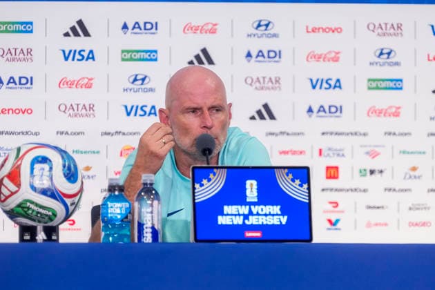 World Cup 2026 East Rutherford, USA 20260704. Norway national team, Nationalteam manager Stale Solbakken at a press conference, PK, Pressekonferenz before the World Cup round of 16 match against Brazil. Photo: Terje Pedersen NTB East Rutherford United States EDITORIAL USE ONLY. RESTRICTED USE FOR BETTING COMPANIES Ref:_SPOL-YSbvmvTUc.jpg *** 2026 World Cup, East Rutherford, USA, July 4, 2026: Norway national team manager Stale Solbakken at a press conference before the World Cup Round of 16 match against Brazil. Photo by Terje Pedersen, NTB, East Rutherford, United States. EDITORIAL USE ONLY. RESTRICTED USE FOR BETTING COMPANIES.  Copyright: xTerjexPedersenx xNTBx
