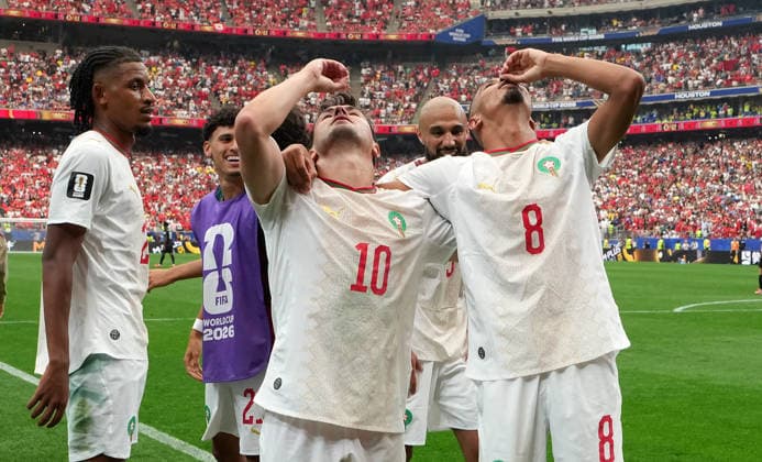 Sport Themen der Woche KW27 (260705) -- HOUSTON, July 5, 2026 -- Azzedine Ounahi (front R) of Morocco celebrates with Brahim Diaz after scoring during the round of 16 match between Canada and Morocco at the 2026 FIFA World Cup, WM, Weltmeisterschaft, Fussball at Houston Stadium in Houston, the United States, July 4, 2026. ) (SP)U.S.-HOUSTON-FOOTBALL-FIFA WORLD CUP-ROUND OF 16-CAN VS MAR XiaoxYijiu 