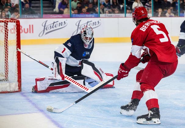 3ICE World Cup, SSE Arena, Belfast 4 7 2026 USA vs Canada USA s Jeremy Brodeur with Canada s Tag Bertuzzi Jeremy Brodeur with Tag Bertuzzi 4 7 2026  Copyright: xWilliamxCherry Presseyex 3ICE USA v 3ICE Canada_039