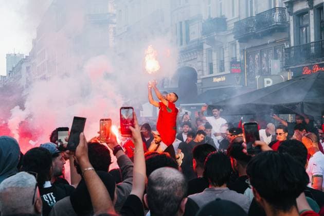 Morrocan supporters pictured in Brussels, as Morocco plays against Canada in the 1 16 finals of the FIFA World Cup, WM, Weltmeisterschaft, Fussball 2026, on Saturday 04 July 2026. MARIUS BURGELMAN MariusxBurgelman  x180379625x