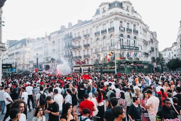 Morrocan supporters pictured in Brussels, as Morocco plays against Canada in the 1 16 finals of the FIFA World Cup, WM, Weltmeisterschaft, Fussball 2026, on Saturday 04 July 2026. MARIUS BURGELMAN MariusxBurgelman  x180379655x
