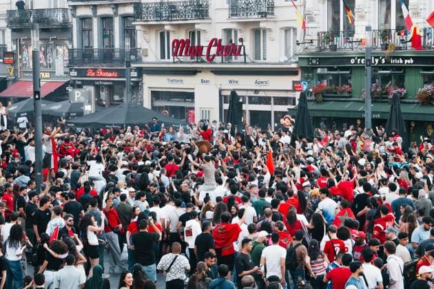 Morrocan supporters pictured in Brussels, as Morocco plays against Canada in the 1 16 finals of the FIFA World Cup, WM, Weltmeisterschaft, Fussball 2026, on Saturday 04 July 2026. MARIUS BURGELMAN MariusxBurgelman  x180379667x