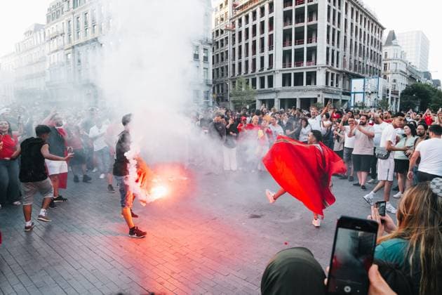 Morrocan supporters pictured in Brussels, as Morocco plays against Canada in the 1 16 finals of the FIFA World Cup, WM, Weltmeisterschaft, Fussball 2026, on Saturday 04 July 2026. MARIUS BURGELMAN MariusxBurgelman  x180379734x
