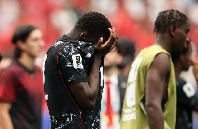 (260705) -- HOUSTON, July 5, 2026 -- Tani Oluwaseyi (front) of Canada reacts after the round of 16 match between Canada and Morocco at the 2026 FIFA World Cup, WM, Weltmeisterschaft, Fussball at Houston Stadium in Houston, the United States, July 4, 2026. ) (SP)U.S.-HOUSTON-FOOTBALL-FIFA WORLD CUP-ROUND OF 16-CAN VS MAR LixMing 