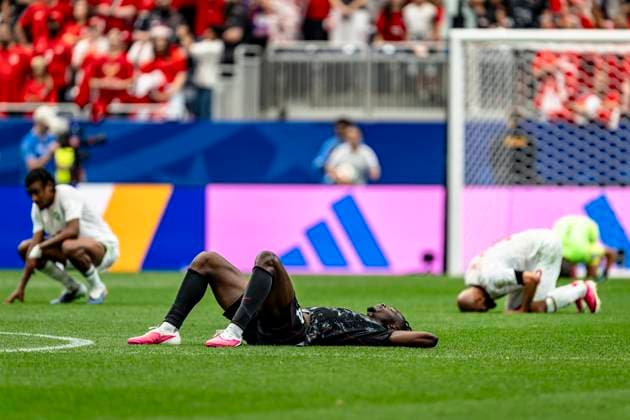 HOUSTON - Moise Bombito of Canada lies disappointed on the ground during the 2026 World Cup match between Canada and Morocco at Houston Stadium on July 4, 2026, in Houston, United States. (Photo by Stefan Koops EYE4IMAGES DeFodi Images) - *** HOUSTON Moise Bombito of Canada lies disappointed on the ground during the 2026 World Cup match between Canada and Morocco at Houston Stadium on July 4, 2026, in Houston, United States. Photo by Stefan Koops, EYE4IMAGES, DeFodi Images