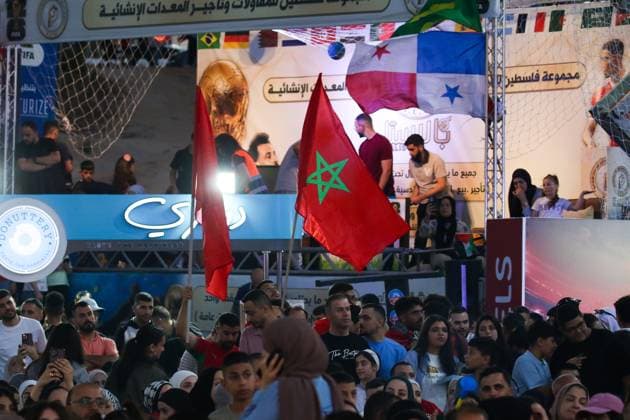 Palestinians Gather in Al-Bireh to Support Morocco in World Cup Match AL-BIREH, WEST BANK JULY 4, 2026: Palestinians gather at a public World Cup fan zone in Al-Bireh, near Ramallah, to watch and support Morocco during its FIFA World Cup, WM, Weltmeisterschaft, Fussball 2026 Round of 16 match against Canada. The event was attended by Palestinian Football Association President Jibril Rajoub, representatives of the Moroccan Embassy to Palestine and other public figures. Fans watched the match on a giant outdoor screen in an atmosphere of celebration and support for the Moroccan national team, Nationalteam Al-Bireh Palestine, State of Copyright: x xSalmanxMohsenxAlkhatibx xJNAxPressx