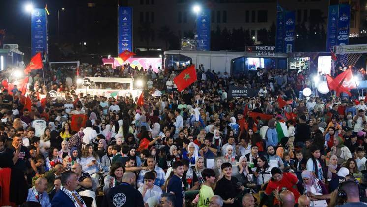 Palestinians Gather in Al-Bireh to Support Morocco in World Cup Match AL-BIREH, WEST BANK JULY 4, 2026: Palestinians gather at a public World Cup fan zone in Al-Bireh, near Ramallah, to watch and support Morocco during its FIFA World Cup, WM, Weltmeisterschaft, Fussball 2026 Round of 16 match against Canada. The event was attended by Palestinian Football Association President Jibril Rajoub, representatives of the Moroccan Embassy to Palestine and other public figures. Fans watched the match on a giant outdoor screen in an atmosphere of celebration and support for the Moroccan national team, Nationalteam Al-Bireh Palestine, State of Copyright: x xSalmanxMohsenxAlkhatibx xJNAxPressx
