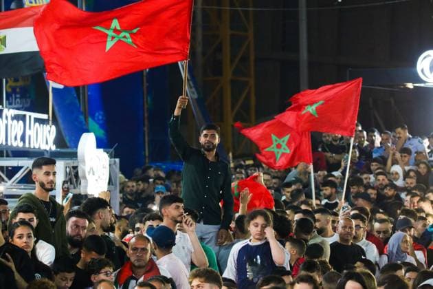 Palestinians Gather in Al-Bireh to Support Morocco in World Cup Match AL-BIREH, WEST BANK JULY 4, 2026: Palestinians gather at a public World Cup fan zone in Al-Bireh, near Ramallah, to watch and support Morocco during its FIFA World Cup, WM, Weltmeisterschaft, Fussball 2026 Round of 16 match against Canada. The event was attended by Palestinian Football Association President Jibril Rajoub, representatives of the Moroccan Embassy to Palestine and other public figures. Fans watched the match on a giant outdoor screen in an atmosphere of celebration and support for the Moroccan national team, Nationalteam Al-Bireh Palestine, State of Copyright: x xSalmanxMohsenxAlkhatibx xJNAxPressx