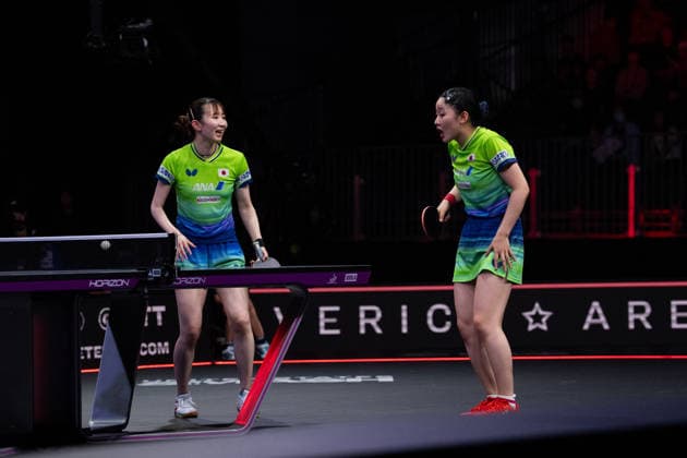 LOS ANGELES, CALIFORNIA - JULY 04: Hina Hayata and Miwa Harimoto of Japan react in the Women s Doubles Final match against Wang Manyu and Kuai Man of China on day 9 of United States Smash 2026 at Ontario Convention Center on July 4, 2026 in Los Angeles, California.  Copyright: xVCGx 111652303936