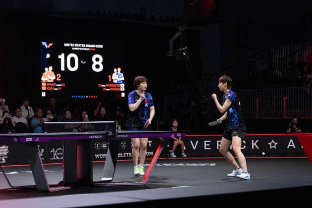 LOS ANGELES, CALIFORNIA - JULY 04: Wang Manyu and Kuai Man of China react in the Women s Doubles Final match against Hina Hayata and Miwa Harimoto of Japan on day 9 of United States Smash 2026 at Ontario Convention Center on July 4, 2026 in Los Angeles, California.  Copyright: xVCGx 111652303940