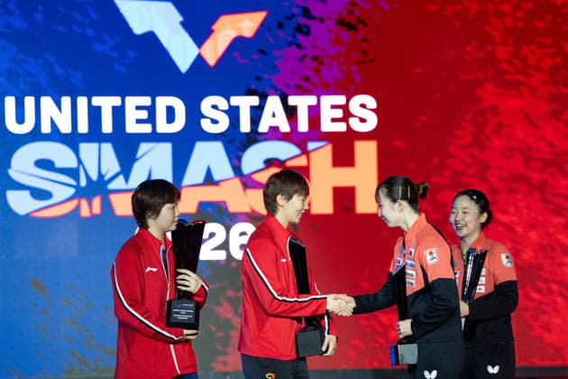 LOS ANGELES, CALIFORNIA - JULY 04: Champions Wang Manyu and Kuai Man of China, runners-up Hina Hayata and Miwa Harimoto of Japan pose for a photo during the awarding ceremony after the Women s Doubles Final match on day 9 of United States Smash 2026 at Ontario Convention Center on July 4, 2026 in Los Angeles, California.  Copyright: xVCGx 111652303945