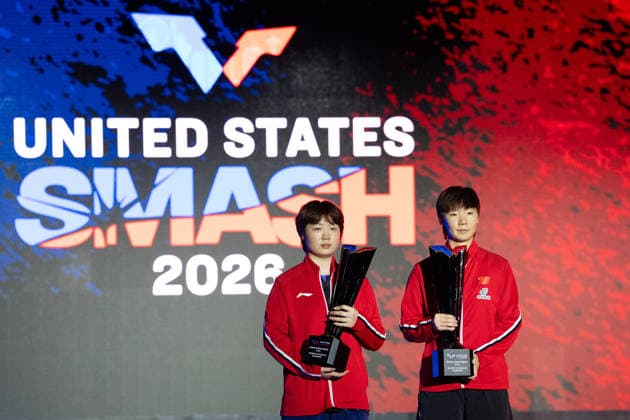 LOS ANGELES, CALIFORNIA - JULY 04: Champions Wang Manyu and Kuai Man of China pose for a photo during the awarding ceremony after the Women s Doubles Final match against Hina Hayata and Miwa Harimoto of Japan on day 9 of United States Smash 2026 at Ontario Convention Center on July 4, 2026 in Los Angeles, California.  Copyright: xVCGx 111652303946