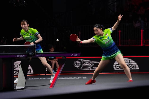 LOS ANGELES, CALIFORNIA - JULY 04: Hina Hayata and Miwa Harimoto of Japan compete in the Women s Doubles Final match against Wang Manyu and Kuai Man of China on day 9 of United States Smash 2026 at Ontario Convention Center on July 4, 2026 in Los Angeles, California.  Copyright: xVCGx 111652303926