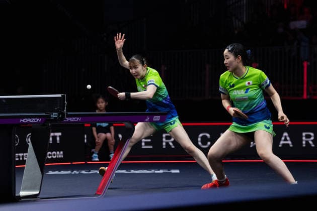 LOS ANGELES, CALIFORNIA - JULY 04: Hina Hayata and Miwa Harimoto of Japan compete in the Women s Doubles Final match against Wang Manyu and Kuai Man of China on day 9 of United States Smash 2026 at Ontario Convention Center on July 4, 2026 in Los Angeles, California.  Copyright: xVCGx 111652303927