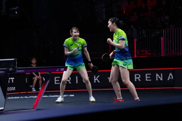 LOS ANGELES, CALIFORNIA - JULY 04: Hina Hayata and Miwa Harimoto of Japan react in the Women s Doubles Final match against Wang Manyu and Kuai Man of China on day 9 of United States Smash 2026 at Ontario Convention Center on July 4, 2026 in Los Angeles, California.  Copyright: xVCGx 111652303928