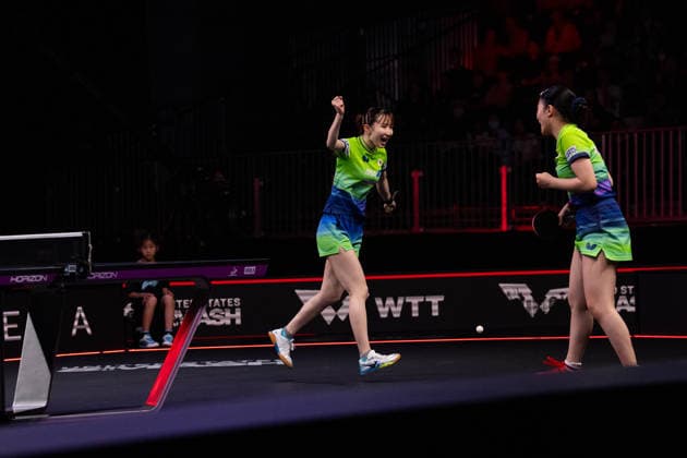 LOS ANGELES, CALIFORNIA - JULY 04: Hina Hayata and Miwa Harimoto of Japan react in the Women s Doubles Final match against Wang Manyu and Kuai Man of China on day 9 of United States Smash 2026 at Ontario Convention Center on July 4, 2026 in Los Angeles, California.  Copyright: xVCGx 111652303929