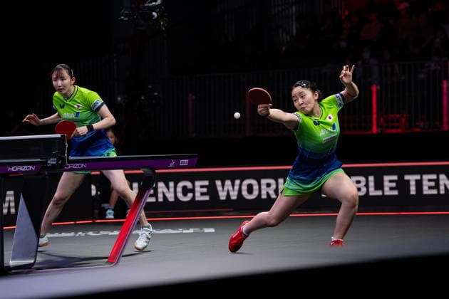 LOS ANGELES, CALIFORNIA - JULY 04: Hina Hayata and Miwa Harimoto of Japan compete in the Women s Doubles Final match against Wang Manyu and Kuai Man of China on day 9 of United States Smash 2026 at Ontario Convention Center on July 4, 2026 in Los Angeles, California.  Copyright: xVCGx 111652303932