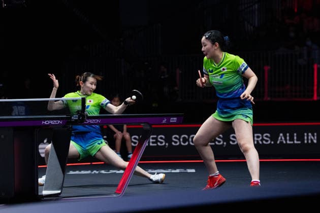 LOS ANGELES, CALIFORNIA - JULY 04: Hina Hayata and Miwa Harimoto of Japan react in the Women s Doubles Final match against Wang Manyu and Kuai Man of China on day 9 of United States Smash 2026 at Ontario Convention Center on July 4, 2026 in Los Angeles, California.  Copyright: xVCGx 111652303933
