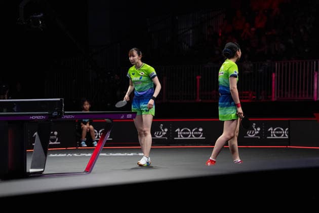 LOS ANGELES, CALIFORNIA - JULY 04: Hina Hayata and Miwa Harimoto of Japan react in the Women s Doubles Final match against Wang Manyu and Kuai Man of China on day 9 of United States Smash 2026 at Ontario Convention Center on July 4, 2026 in Los Angeles, California.  Copyright: xVCGx 111652303934