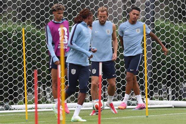 FIFA World Cup, WM, Weltmeisterschaft, Fussball 2026 - England trainign session (L-R) Nico O Reilly, Djed Spence, Harry Kane, and Morgan Rogers of England take part in a training session in Mexico City, Mexico, 04 July 2026. MEXICO CITY Mexico  Copyright: xALEXxCRUZx