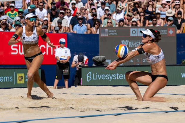 GSTAAD, SWITZERLAND - JULY 4: Joana Mäder (Player No. 1, SUI), Leona Kernen (Player No. 2, SUI) during the Beach Pro Tour - Elite 16 at Gstaad on July 4, 2026 in Gstaad, Switzerland. Switzerland Copyright: xPeterxWeberx