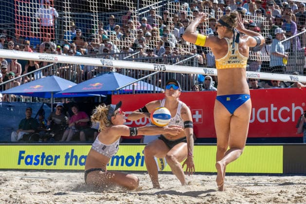 GSTAAD, SWITZERLAND - JULY 4: Nina Brunner (Player No. 1, SUI), Tanja Hüberli (Player No. 2, SUI) during the Beach Pro Tour - Elite 16 at Gstaad on July 4, 2026 in Gstaad, Switzerland. Switzerland Copyright: xPeterxWeberx