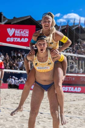 GSTAAD, SWITZERLAND - JULY 4: Katja Stam (Player No. 1, NED), RaÃ¯sa Schoon (Player No. 2, NED) during the Beach Pro Tour - Elite 16 at Gstaad on July 4, 2026 in Gstaad, Switzerland. Switzerland Copyright: xPeterxWeberx