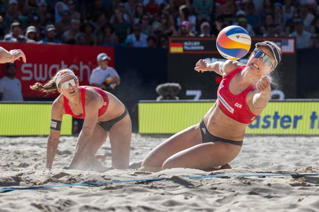 GSTAAD, SWITZERLAND - JULY 4: Svenja Müller (Player No. 1, GER), Cinja Tillmann (Player No. 2, GER) during the Beach Pro Tour - Elite 16 at Gstaad on July 4, 2026 in Gstaad, Switzerland. Switzerland Copyright: xPeterxWeberx