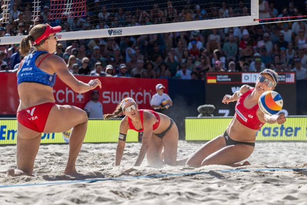 GSTAAD, SWITZERLAND - JULY 4: Svenja Müller (Player No. 1, GER), Cinja Tillmann (Player No. 2, GER) during the Beach Pro Tour - Elite 16 at Gstaad on July 4, 2026 in Gstaad, Switzerland. Switzerland Copyright: xPeterxWeberx