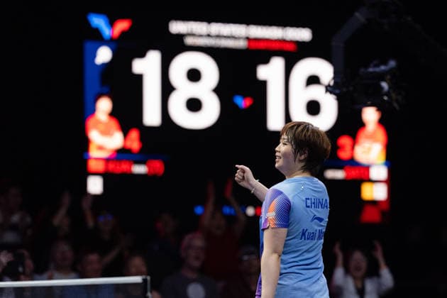 LOS ANGELES, CALIFORNIA - JULY 04: Kuai Man of China reacts in the Women s Singles Quarterfinal match against Hitomi Sato of Japan on day 9 of United States Smash 2026 at Ontario Convention Center on July 4, 2026 in Los Angeles, California.  Copyright: xVCGx 111652333242