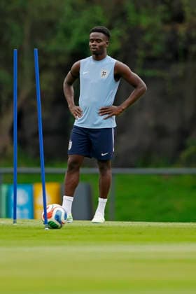 RECORD DATE NOT STATED 4th July 2026; Pumas La Cantera training center, Mexico City, Mexico; FIFA World Cup, WM, Weltmeisterschaft, Fussball Football, England Training Session; Bukayo Saka of the England controls the ball HeulerxAndrey DiaEsportivo