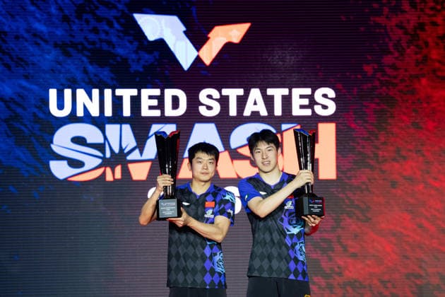 LOS ANGELES, CALIFORNIA - JULY 04: Champions Wen Ruibo and Yuan Licen of China pose during the awarding ceremony following the Men s Doubles Final match on day 9 of United States Smash 2026 at Ontario Convention Center on July 4, 2026 in Los Angeles, California.  Copyright: xVCGx 111652369488