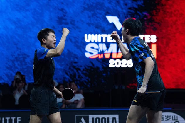 LOS ANGELES, CALIFORNIA - JULY 04: Wen Ruibo and Yuan Licen of China react in the Men s Doubles Final match against Lin Shidong and Huang Youzheng of China on day 9 of United States Smash 2026 at Ontario Convention Center on July 4, 2026 in Los Angeles, California.  Copyright: xVCGx 111652369500