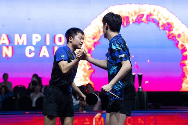 LOS ANGELES, CALIFORNIA - JULY 04: Wen Ruibo and Yuan Licen of China react in the Men s Doubles Final match against Lin Shidong and Huang Youzheng of China on day 9 of United States Smash 2026 at Ontario Convention Center on July 4, 2026 in Los Angeles, California.  Copyright: xVCGx 111652369501