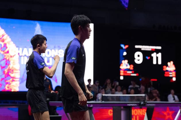 LOS ANGELES, CALIFORNIA - JULY 04: Wen Ruibo and Yuan Licen of China react in the Men s Doubles Final match against Lin Shidong and Huang Youzheng of China on day 9 of United States Smash 2026 at Ontario Convention Center on July 4, 2026 in Los Angeles, California.  Copyright: xVCGx 111652369502