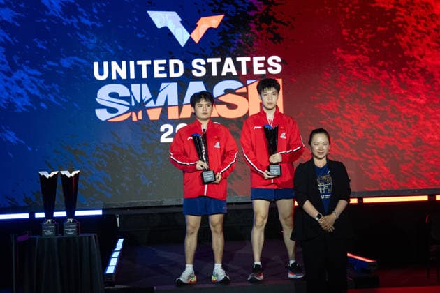 LOS ANGELES, CALIFORNIA - JULY 04: Runners-up Lin Shidong and Huang Youzheng of China pose during the awarding ceremony following the Men s Doubles Final match on day 9 of United States Smash 2026 at Ontario Convention Center on July 4, 2026 in Los Angeles, California.  Copyright: xVCGx 111652369505