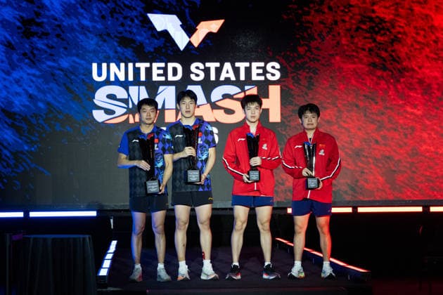 LOS ANGELES, CALIFORNIA - JULY 04: Champions Wen Ruibo and Yuan Licen of China, runners-up Lin Shidong and Huang Youzheng of China pose during the awarding ceremony following the Men s Doubles Final match on day 9 of United States Smash 2026 at Ontario Convention Center on July 4, 2026 in Los Angeles, California.  Copyright: xVCGx 111652369510