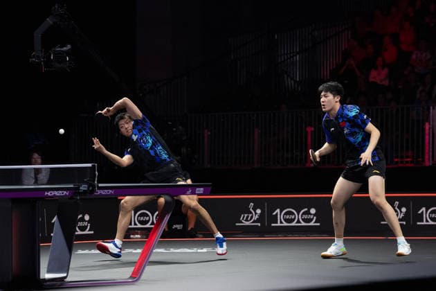 LOS ANGELES, CALIFORNIA - JULY 04: Wen Ruibo and Yuan Licen of China compete in the Men s Doubles Final match against Lin Shidong and Huang Youzheng of China on day 9 of United States Smash 2026 at Ontario Convention Center on July 4, 2026 in Los Angeles, California.  Copyright: xVCGx 111652369490